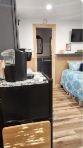 een kamer met een keuken en een slaapkamer met een bed bij Cochin cottage in Texico +3 foto's