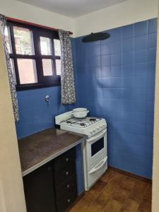 a blue kitchen with a stove and a blue wall at Duplex en mar de ajo Olivia in Mar de Ajó