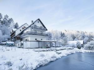 a house in the snow next to a river at Weiherblasch II in Schönsee