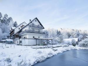 a house in the snow next to a river at Weiherblasch in Schönsee
