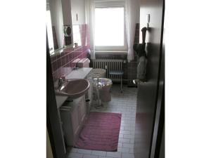 een badkamer met een wastafel en een toilet en een raam bij Hehner 2 Comfortable holiday residence in Patersberg +12 foto's