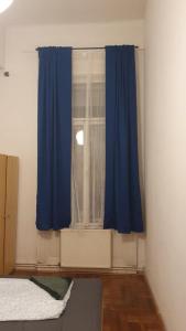 1 dormitorio con una ventana con cortinas azules en Cozy rooms near the New York cafe, en Budapest