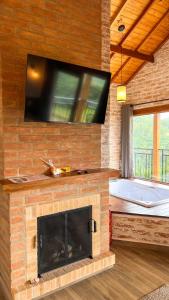 Pousada Vista do Céu في مونتي فيردي: غرفة معيشة مع مدفأة وتلفزيون +56 صورة