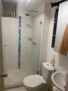a bathroom with a shower and a toilet and a sink at Tucurumbi entrada quimbaya in Quimbaya