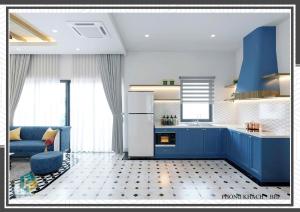 a kitchen with blue cabinets and a blue and white at Villa Malibu Tropicana Hồ Tràm in Xuyên Mộc