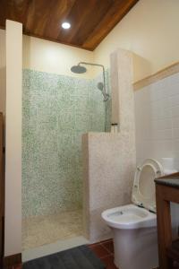 a bathroom with a shower with a toilet and a sink at La maison bleue BTB in Phumĭ Kâmpóng Âmpĭl