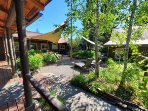 a porch of a house with trees and plants at Laughing Horse Lodge in Bigfork