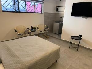 Un dormitorio con una cama y sillas y un televisor de pantalla plana. en Living Sincelejo, en Sincelejo