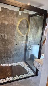 a glass shower in a bathroom with a toilet at Zaca Domos l Ouro Preto - MG in Mariana