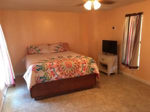 a small bedroom with a bed and a television at spacious one Bedroom mobil home in Harlingen