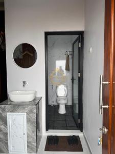 a bathroom with a toilet and a sink and a mirror at Homestay Honeymoon Bromo in Ngadisari