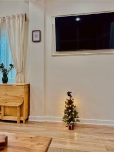 a christmas tree in a living room with a television at Stylish 2 BR 1 BA Apartment - Steps to the Ocean - Hidden Gem in Wildwood