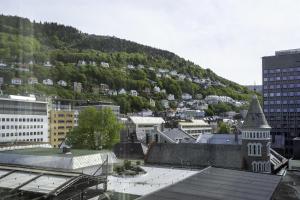 a view of a city with a mountain in the background at Prize by Radisson, Xhibition Bergen City in Bergen