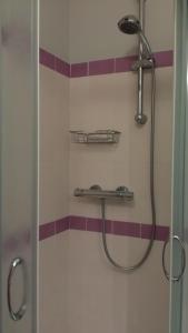 薩維的住宿－Sorelle De Filippis，浴室铺有紫色和白色瓷砖,设有淋浴。