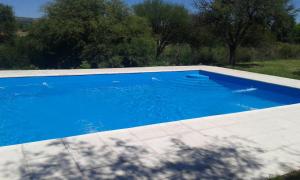 a large blue swimming pool in a yard at Cabañas Tia Elmira in Villa Cura Brochero +15 photos