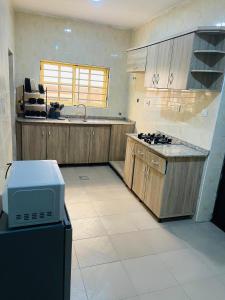 a kitchen with wooden cabinets and a counter top at Sam Apartment 