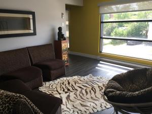 a living room with a couch and a zebra rug at Gîte Zazen in Mont-Laurier