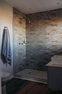 a bathroom with a shower with a toilet and a sink at Fabella Serenety Flat in Muizenberg +22 photos
