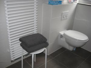 La salle de bains est pourvue de toilettes blanches et d'un tabouret. dans l'établissement Nobel, à Westende