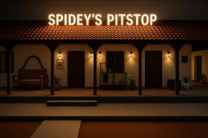 黎明之村SPIDEY's PITSTOP的建筑物一侧的灯光标志