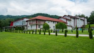 a row of buildings in a park with a green field at Motel Predejane in Predejane