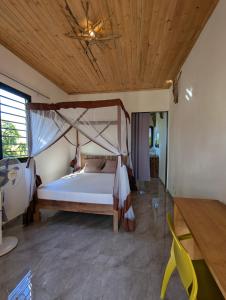 ein Schlafzimmer mit einem Bett mit Holzdecke in der Unterkunft Villa Natura in Ambondrona