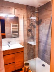 une salle de bain avec douche et lavabo dans l'établissement Gite Les Sabots De Venus, à Aspres-sur-Buëch