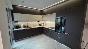 a kitchen with black cabinets and white appliances at Apartmany ZAHRADNICKA in Myjava +39 photos