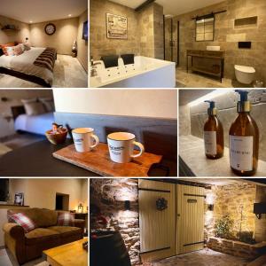 a collage of photos of a hotel room with wine bottles at Haut Charmes de Cornil in Cornil