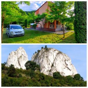 due foto di un'auto parcheggiata di fronte a una casa di Cabana Lunca a Lunca Ampoiţei