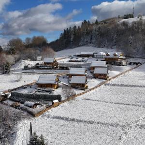 a group of cottages covered in snow on a hill at Osada Na Ochodzitej in Koniaków