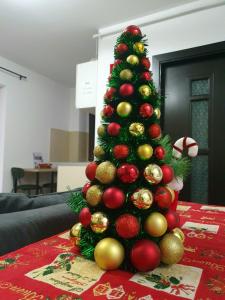 a christmas tree sitting on top of a table at Forest Apartments in Sinaia