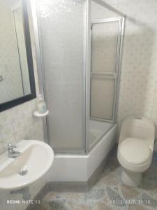 a bathroom with a shower and a toilet and a sink at colibrí Hostel in Armenia
