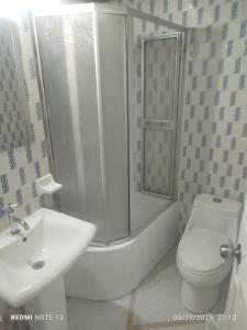 a bathroom with a shower and a toilet and a sink at colibrí Hostel in Armenia