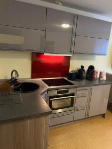 Ferienwohnung Nähe Autobahn Ruhige Lage für Familien & Monteure في Erolzheim: مطبخ بخزائن بيضاء وفرن موقد