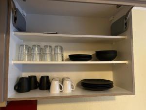 Ferienwohnung Nähe Autobahn Ruhige Lage für Familien & Monteure في Erolzheim: خزانة مع أطباق وأكواب على رف +21 صورة