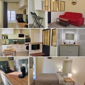 a collage of four pictures of a room at L'Atelier ,Calme, parking, centre Gémozac in Gémozac