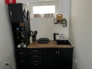 a kitchen with black cabinets and a counter top at Apartman Centar Strpce in Štrpce