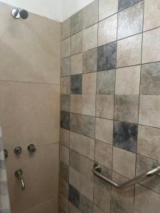 a bathroom with a shower with a tiled wall at HERMOSA CASA 2 DORMITORIOS EN POTRERO DE GARAY in Potrero de Garay