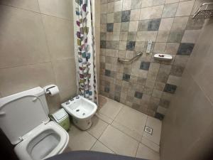 a small bathroom with a toilet and a shower at HERMOSA CASA 2 DORMITORIOS EN POTRERO DE GARAY in Potrero de Garay