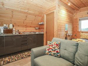 een woonkamer met een bank en een keuken bij Oak in Ulverston