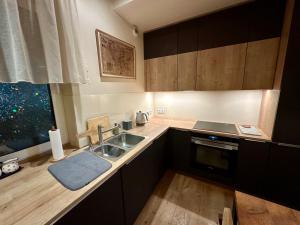 een kleine keuken met een wastafel en een raam bij Apartament Dębowy Stół in Rzeszów