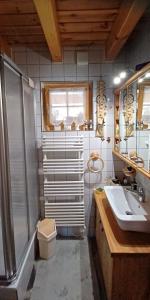 a bathroom with a shower and a sink at Chalet Famicha by Jolidi in Nendaz