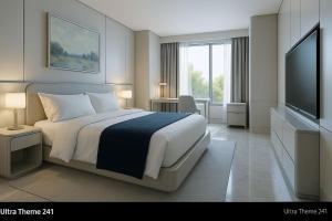 Un dormitorio con una cama grande y un televisor de pantalla plana. en Zen Suite, en Paro