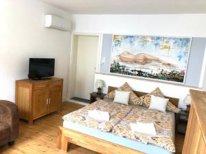 a small living room with a couch and a tv at Alte Schmiede Putbus in Putbus