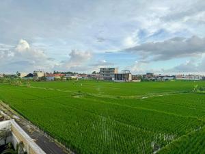 a field of green grass with buildings in the background at Elegant Jaden Villa Cemagi in Mengwi