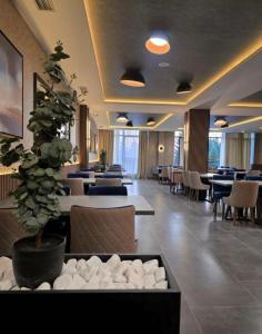 a restaurant with tables and chairs and a potted plant at B8 Residence hill in Kopaonik