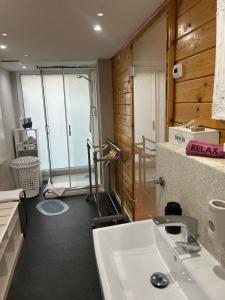 een badkamer met een witte wastafel en een douche bij Relax Hütten & Spa Gröden in Groeden