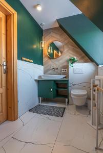 een badkamer met een groene wastafel en een toilet bij Osada Witów - apartament „Czerwone Wierchy” in Witów
