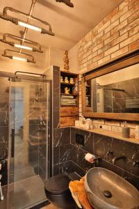 Un baño con lavabo y ducha de cristal. en Altstadtblick Altenburg, en Altemburgo